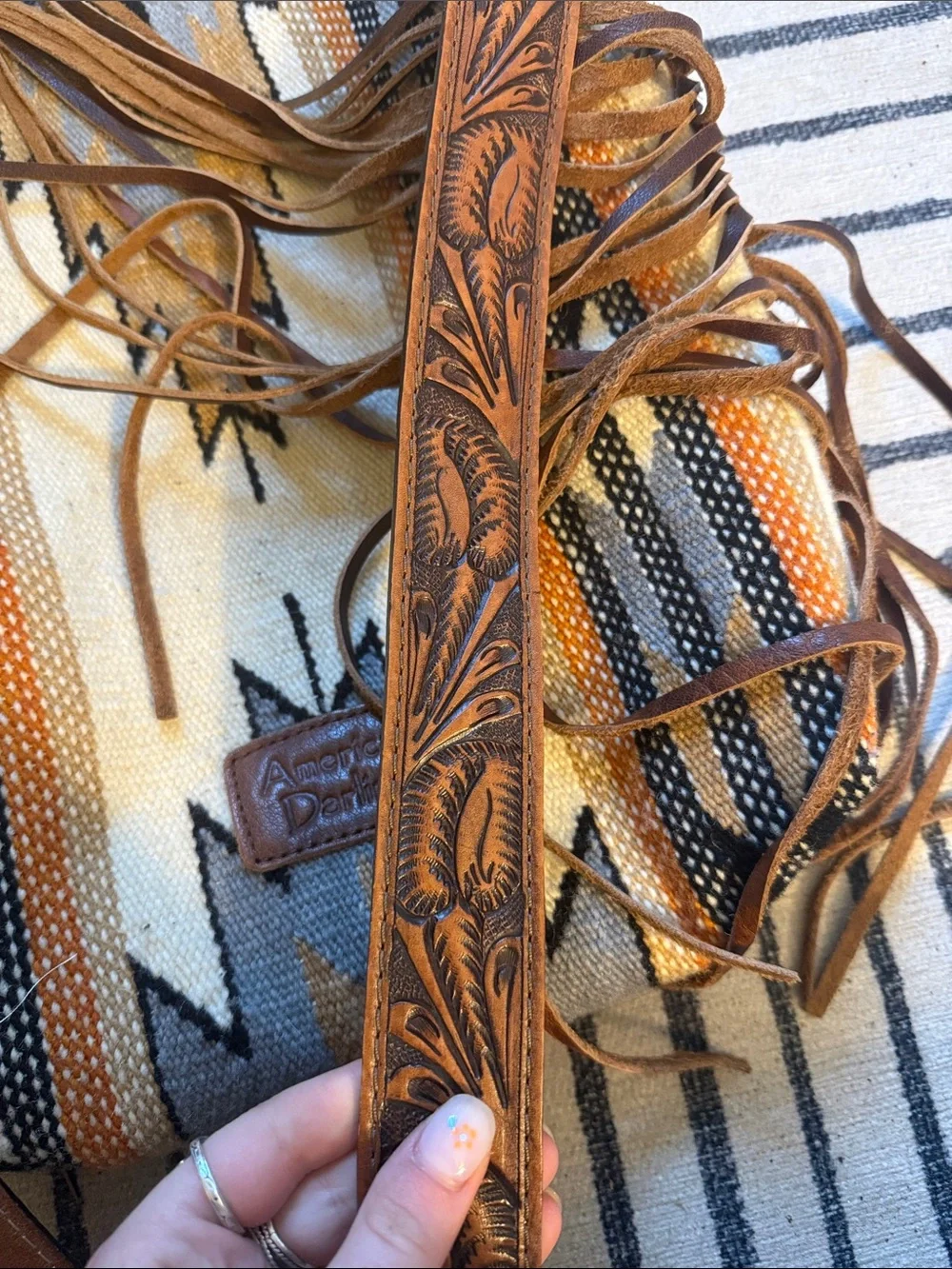 American Darling Brown Tooled Fringe Crossbody with Cream and Gray Pattern